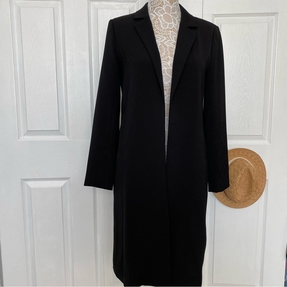 Halston Sold Out Classic open black long coat Tailored Blazer pockets size Small - Picture 1 of 15